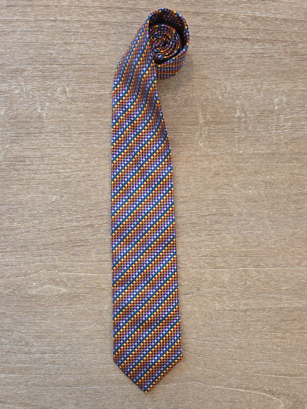 Paul Fredrick Mens Geometric Pattern Colorful Rainbow Silk Tie (3.75")